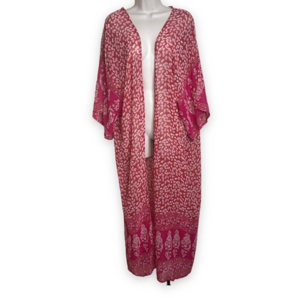 Kimono Duster Red Pink Floral Semi Sheer Open Front Flowy Chiffon Women One Size